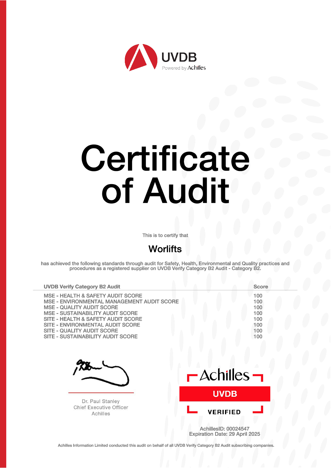 Achilles UVDB Audit score Expiry 29.04.25 pdf